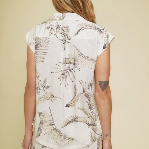 MYSTREE Tropical Palm Button-Up Blouse | Cream Botanical Print Cap Sleeve Top - Picture 5 of 5